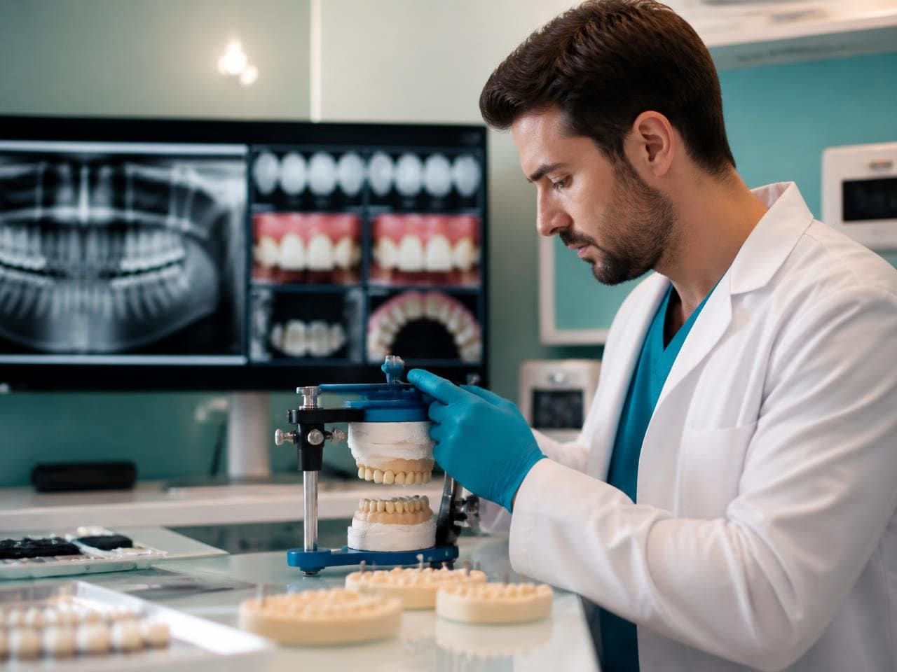 Full mouth rehabilitation planned on an articulator with X-rays on screen