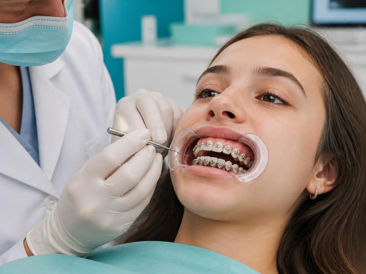 Orthodontist adjusting braces archwire on a young patient