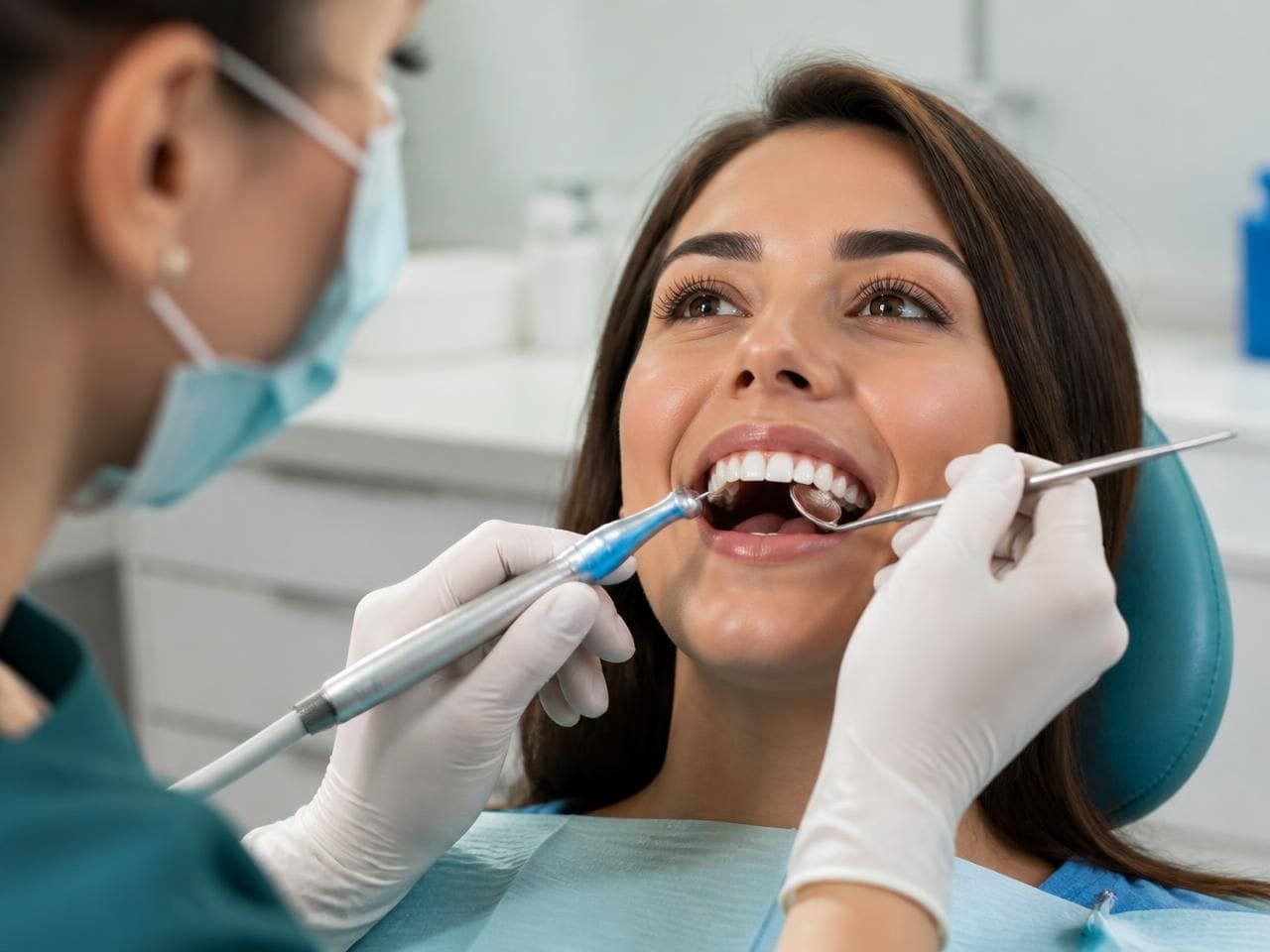 Ultrasonic scaling and polishing being performed on a patient